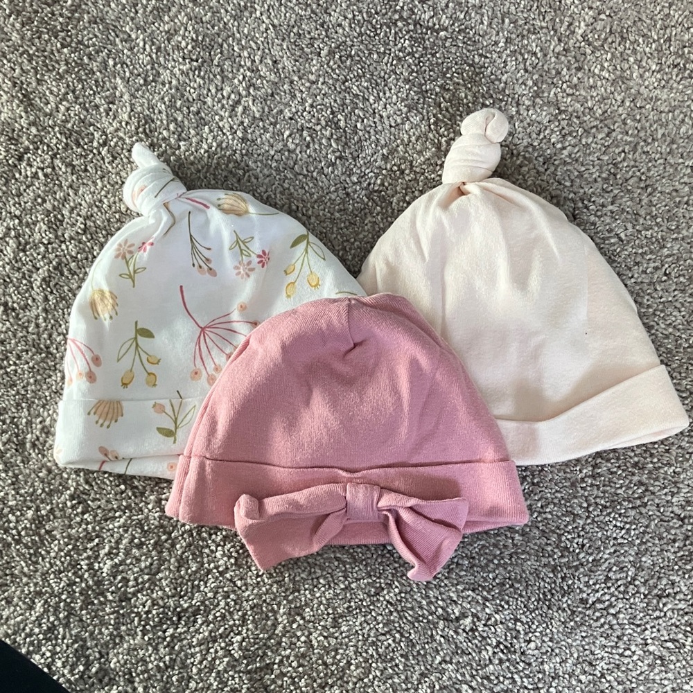 Cloud Island Floral and Pink Baby Hat Trio